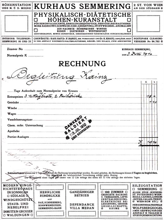 Rechnung Kainz Kurhaus Semmering